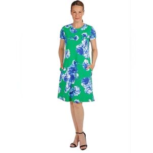 Isaac Mizrahi Women's Green Floral Print Short Dress Green Floral Blue Accents